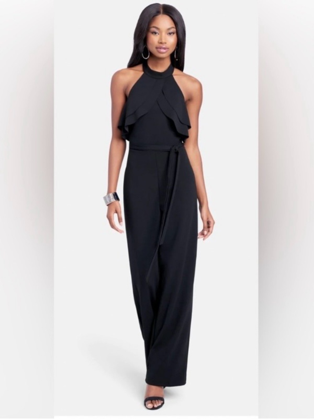 Bebe Black Ruffle Halter Jumpsuit